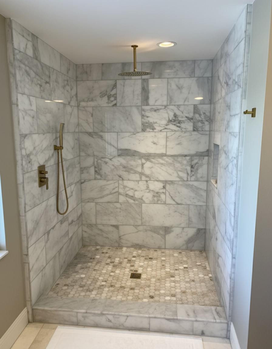 Custom marble walk-in shower installation with gold fixtures by Kabam Plumbing in Sun City Center FL